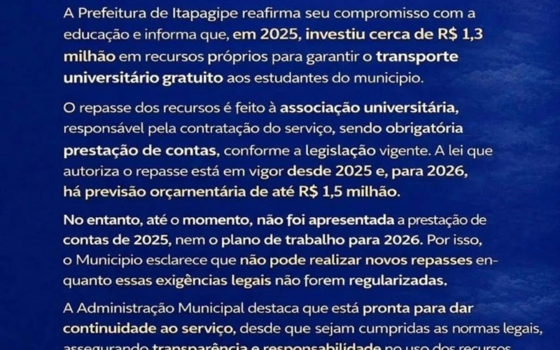 Prefeitura de Itapagipe esclarece pendências no Transporte Universitário