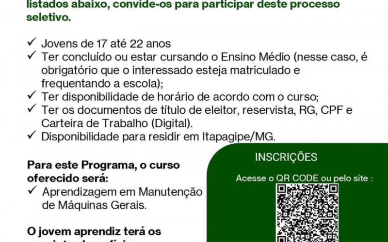 Programa Jovem Aprendiz 2026/2027 oferece 16 vagas em parceria com a Usina BP Bioenergy e Prefeitura de Itapagipe 