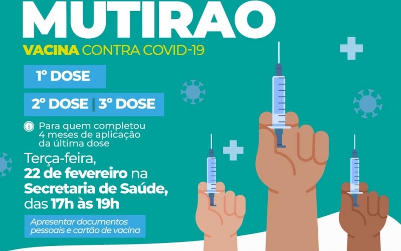 Hoje, terça-feira, dia 22 de fevereiro, acontece mais um supermutirão de vacinação contra a Covid-19.