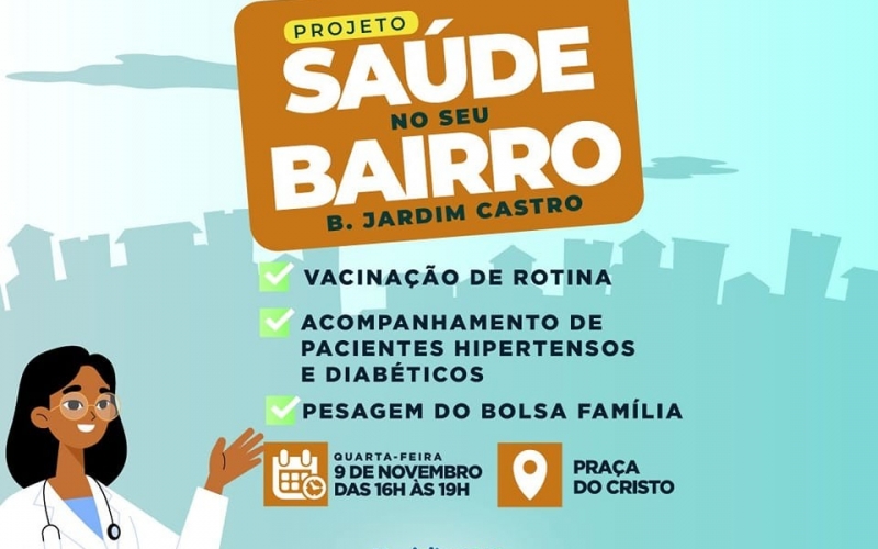 Atenção moradores do bairro Jardim Castro, nesta quarta-feira, dia 09 de novembro, nossa equipe da saúde estará na Praça